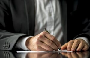 closeup of man's hands as he signs paper