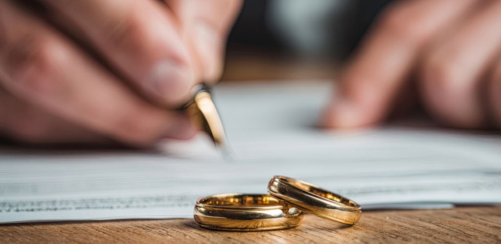 two wedding rings on desk as person signs divorce papers
